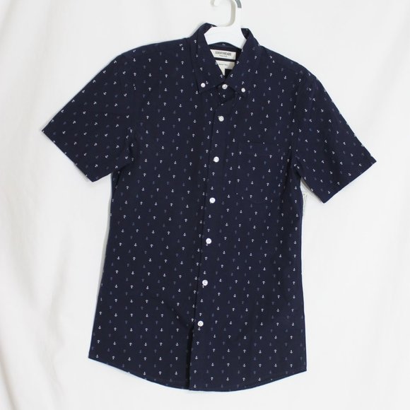 NWT GOODTHREADS Navy Blue Nautical Anchor Button Front Shirt Size Small S/S - Picture 8 of 10
